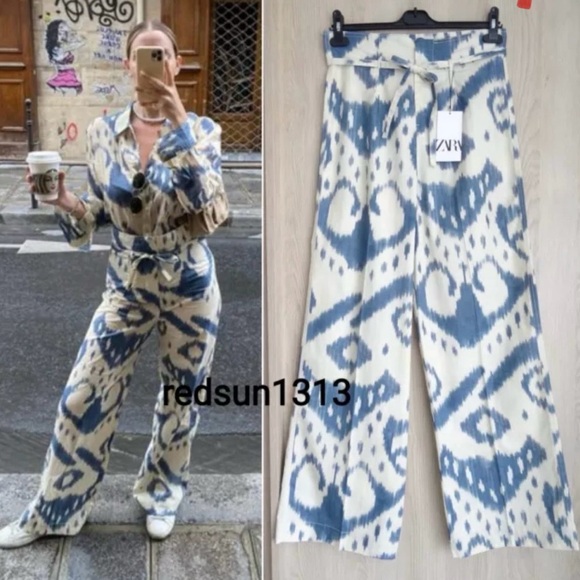 ZARA COTTON BLUE TIE DYE PRINTED TROUSERS - Picture 5 of 8